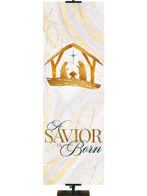 A Savior Is Born Church Banner with Manger Scene in Gold and New Star in Blue (left) on subtle hues of gold, blue and white
