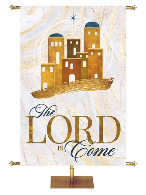 The Lord Is Come Banner for Christmas with Bethlehem in Gold and New Star (right) on subtle hues of gold, blue and white