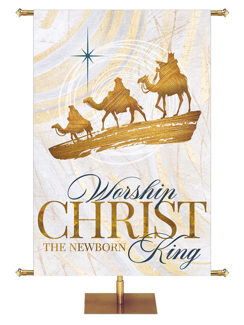 Worship Christ The Newborn King Christmas Banner Three Wisemen and New Star (right) on subtle hues of gold, blue and white