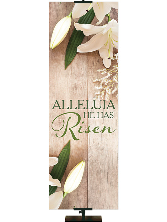 Church Banner Heartland Easter Collection with Lily blooms on natural wood background - Left 2x6 Format
