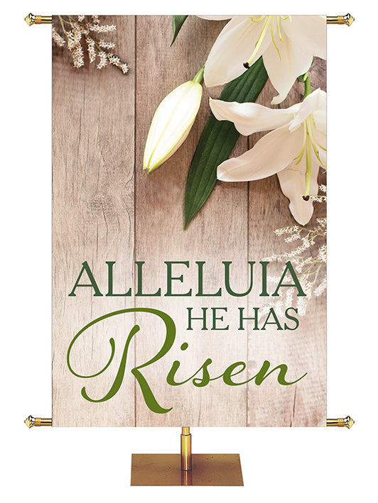 Church Banner Heartland Easter Collection with Lily blooms on natural wood background - Left Wide Format