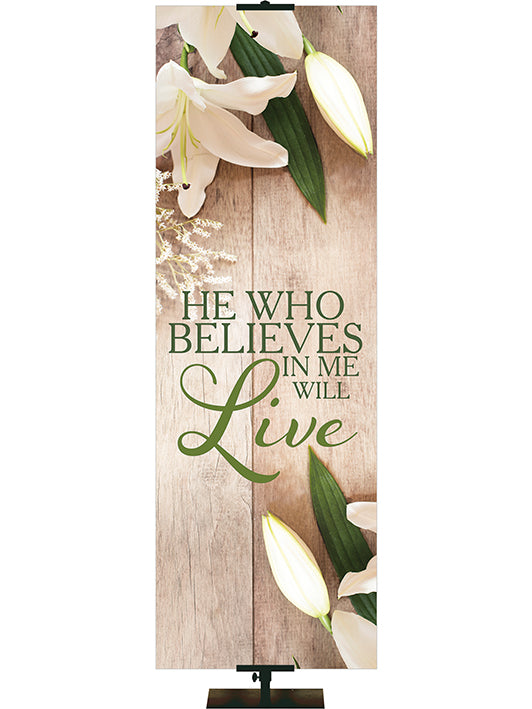 Church Banner Heartland Easter Collection with Lily blooms on natural wood background - Right 2x6 Format