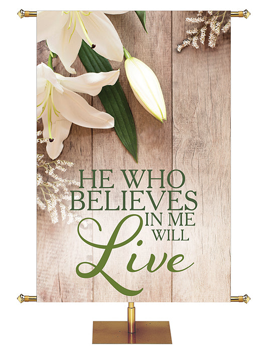 Church Banner Heartland Easter Collection with Lily blooms on natural wood background - Right Wide Format