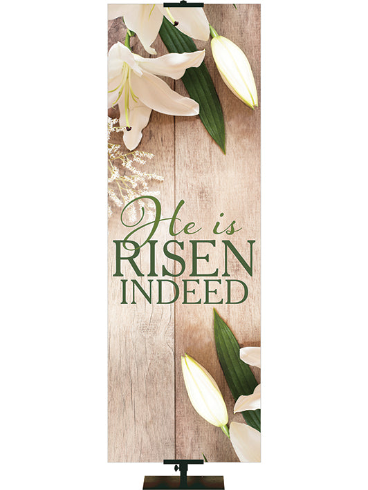 Church Banner Heartland Easter Collection with Lily blooms on natural wood background - Right Skinny Format