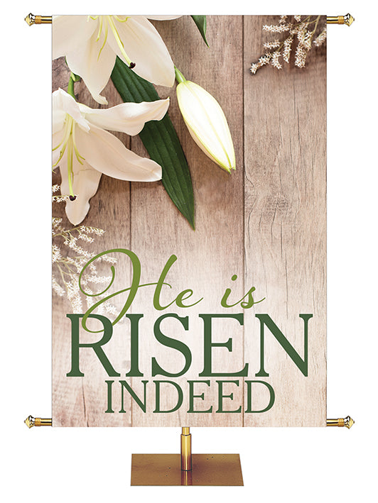 Church Banner Heartland Easter Collection with Lily blooms on natural wood background - Right Wide Format
