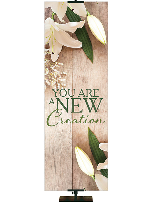 Church Banner Heartland Easter Collection with Lily blooms on natural wood background - Right 2x6 Format