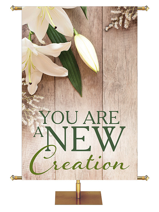 Church Banner Heartland Easter Collection with Lily blooms on natural wood background - Right Wide Format