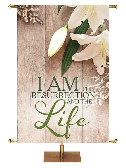 Church Banner Heartland Easter Collection with Lily blooms on natural wood background - Left Wide Format