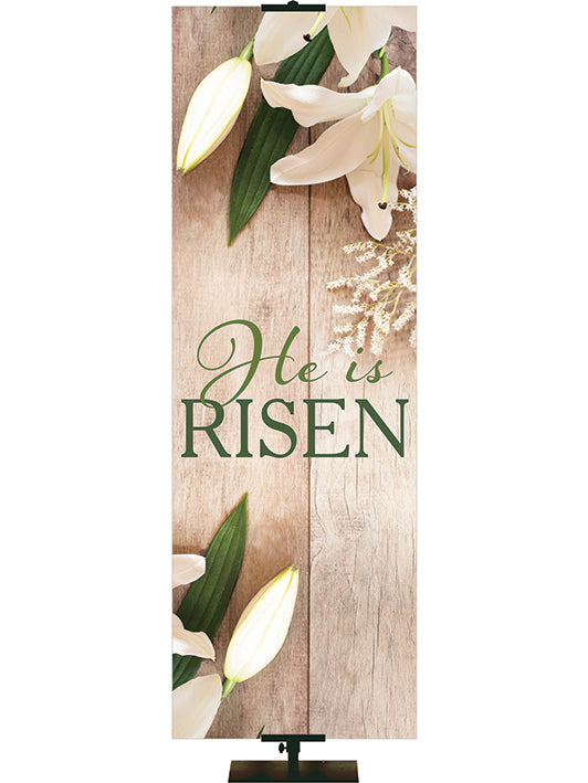 Church Banner Heartland Easter Collection with Lily blooms on natural wood background - Left Skinny Format