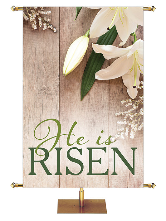 Church Banner Heartland Easter Collection with Lily blooms on natural wood background - Left Wide Format