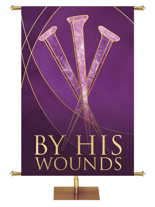 Easter Liturgy By His Wounds on Purple Banner with nails and gold accents in wide banner format and left format