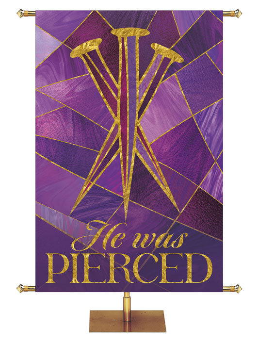 Church Banner Luminescent Easter He was Pierced with Three Nails Symbol in the look of stained glass