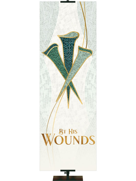 By His Wounds Banner for Church Sanctuary by Three Nails Symbol with gold accents