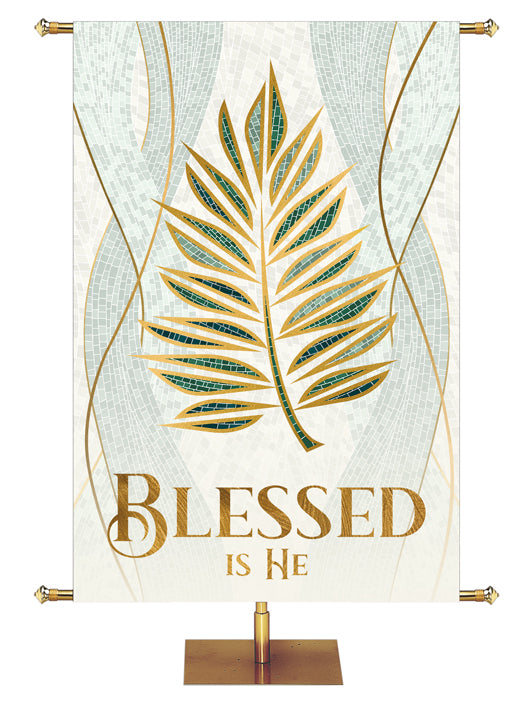 Easter Banner for Church Blessed is He with Palm Symbol with gold accents in the look of classic Christian Mosaic Art