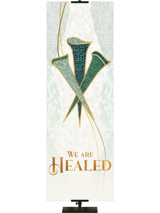 We Are Healed Fabric Church Banner from Three Nails Symbol with gold accents