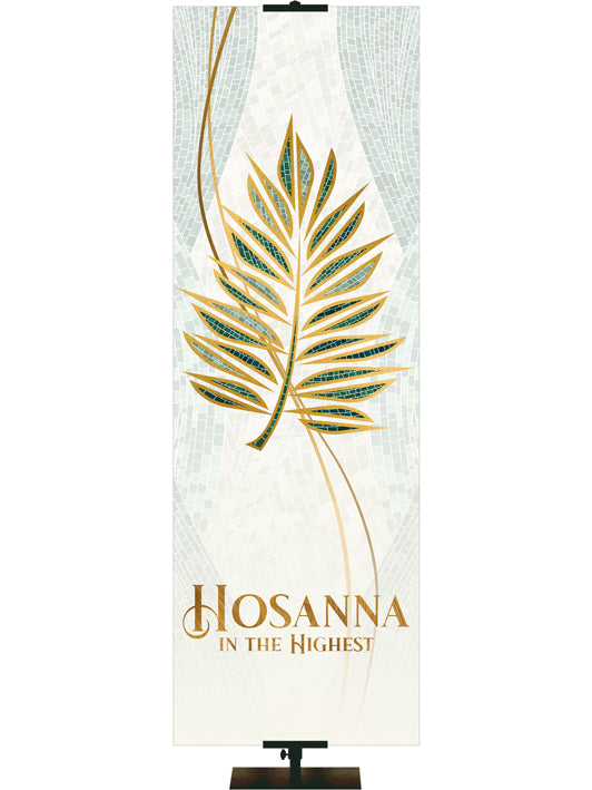 Fabric Church Banner Hosanna in the Highest with Palm Symbol with gold accents in the look of classic Christian Mosaic Art