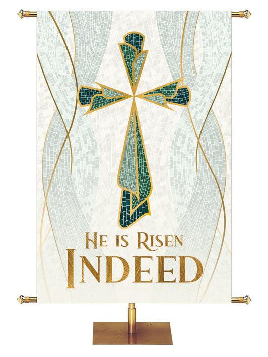 Church Banner Indoor He is Risen Indeed with Cross Symbol with gold accents in the look of classic Christian Mosaic Art