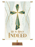 Church Banner Indoor He is Risen Indeed with Cross Symbol with gold accents in the look of classic Christian Mosaic Art