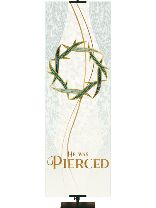 Cloth Church Banner He was Pierced with Crown of Thorns Symbol with gold accents in the look of classic Christian Mosaic Art