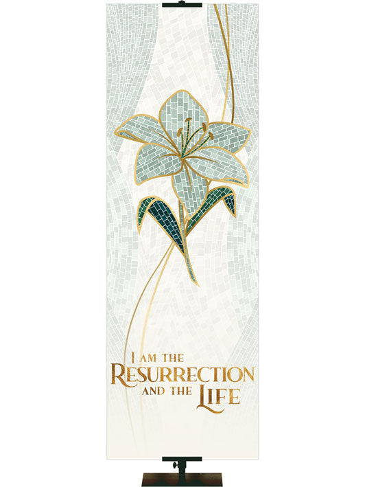 I Am The Resurrection and The Life Church Banner Indoor by Lily Symbol with gold accents