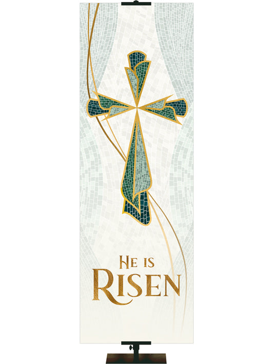 Praise Banner For Churches He is Risen with Cross Symbol with gold accents in the look of classic Christian Mosaic Art