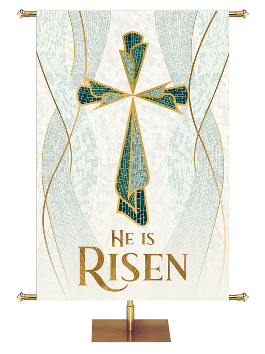Praise Banner For Churches He is Risen with Cross Symbol with gold accents in the look of classic Christian Mosaic Art