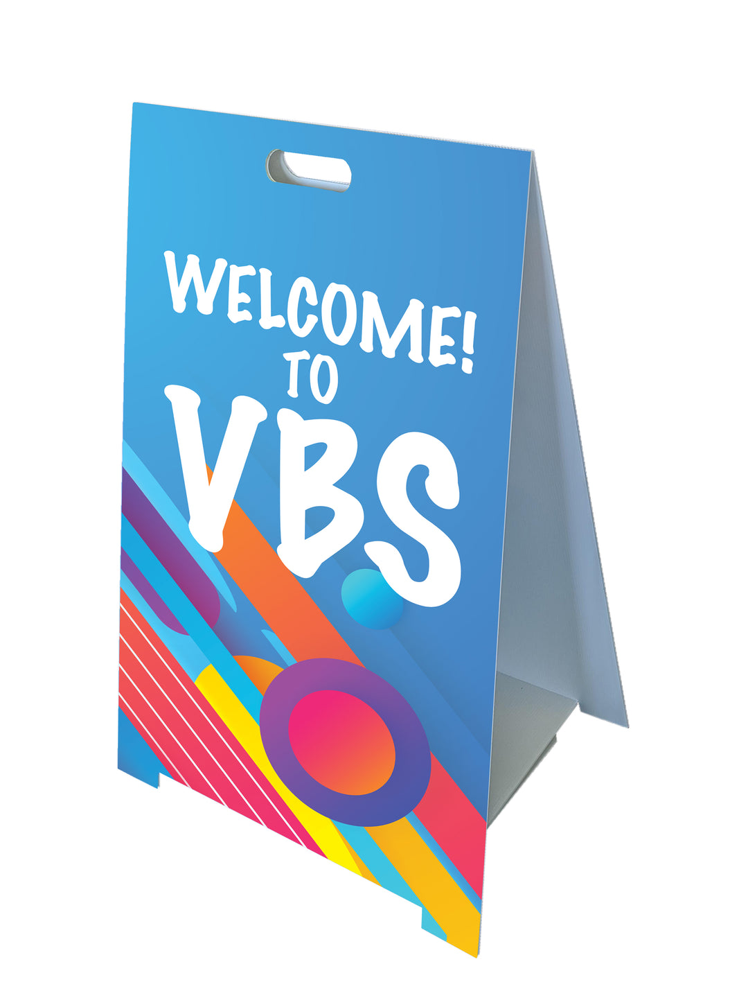 Fold-A-Frame™ sign with Welcome to VBS on vibrant abstract background