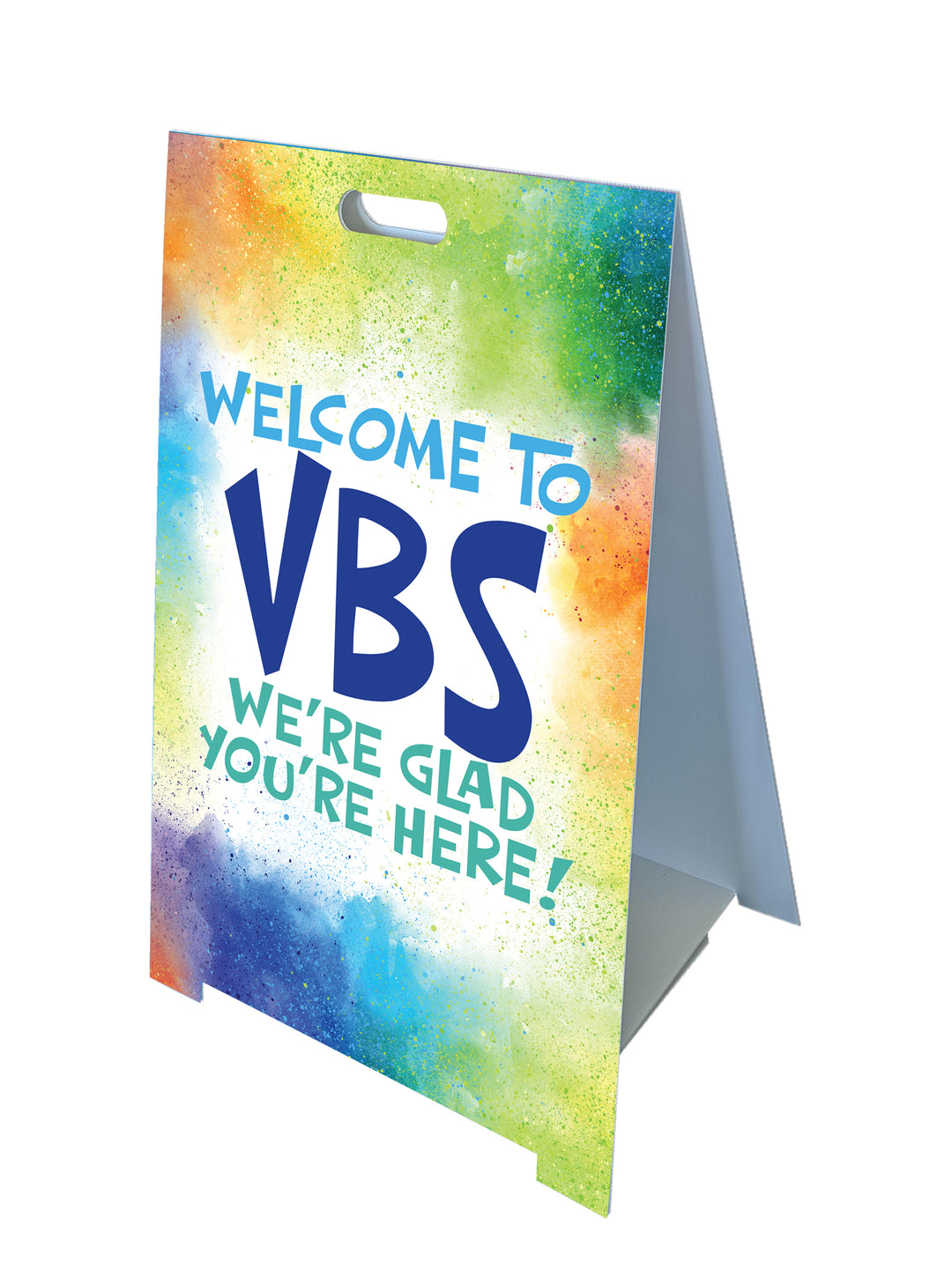 Fold-A-Frame™ Sign with Welcome To VBS We're Glad You're Here with colorful clouds