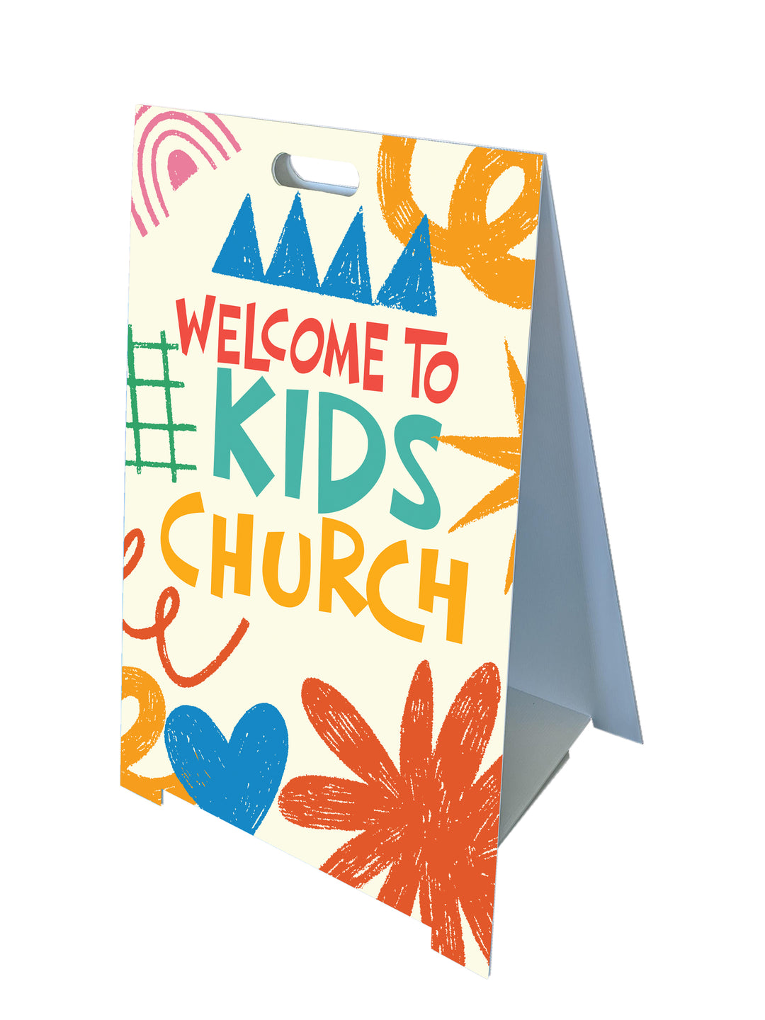 Fold-A-Frame™ sign with Welcome to Kids Church on crayon doodle background