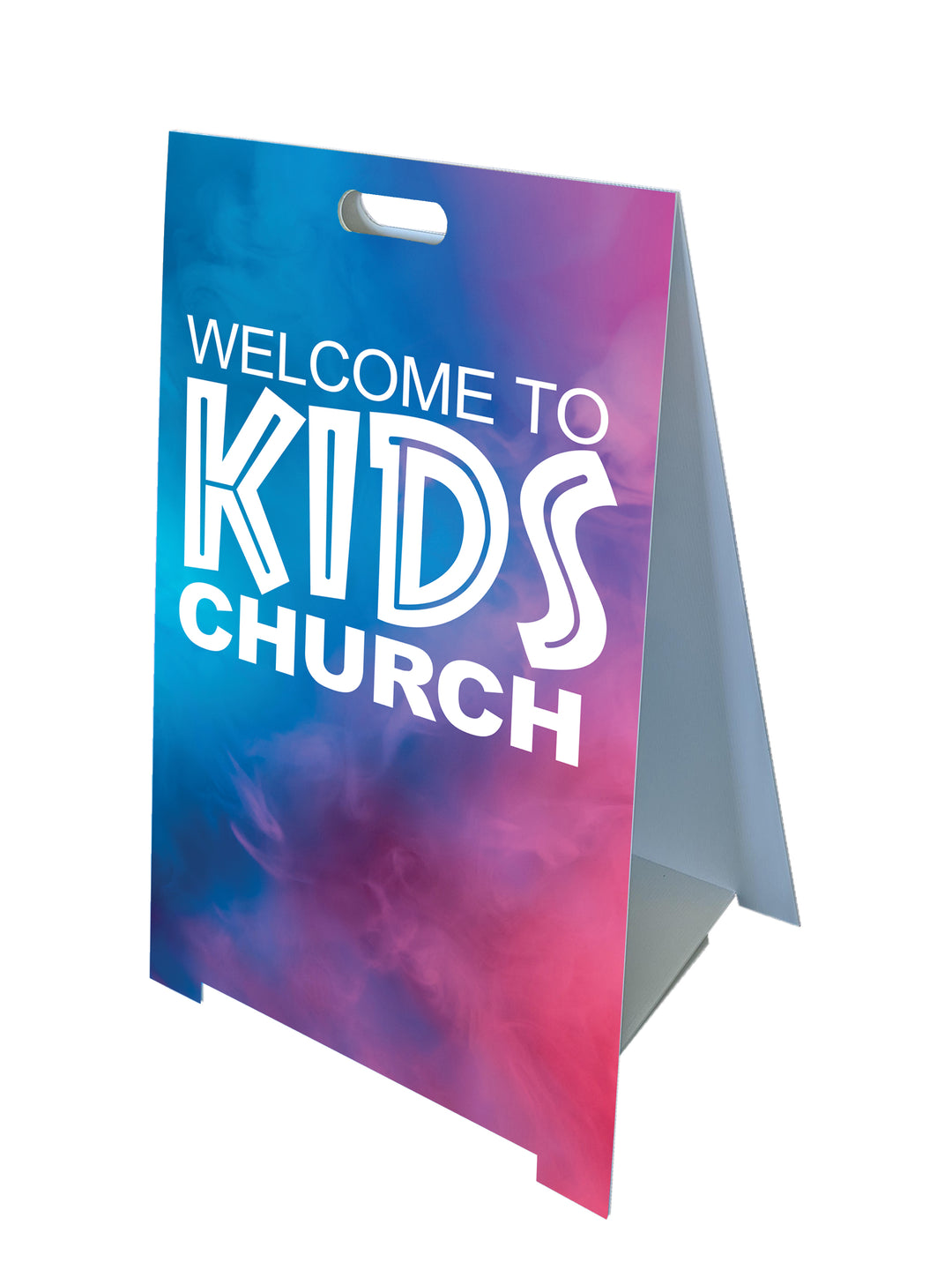 Fold-A-Frame™ sign with Welcome to Kids Church on colorful background