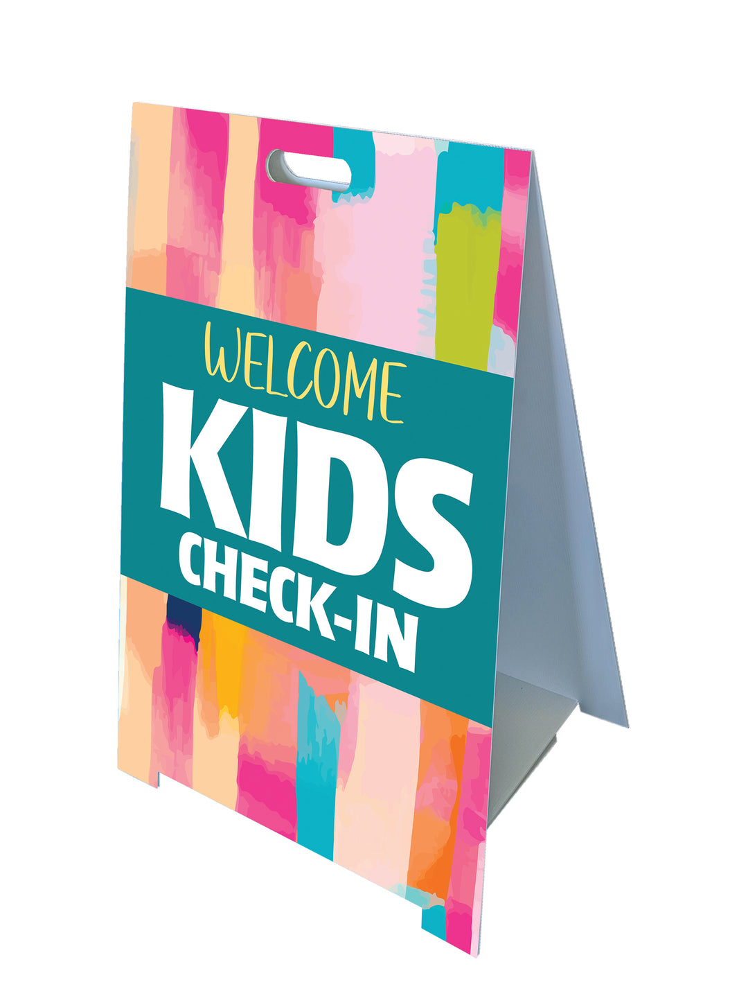 Fold-A-Frame™ sign with bright Pastel Stripes saying Welcome Kids Check-In