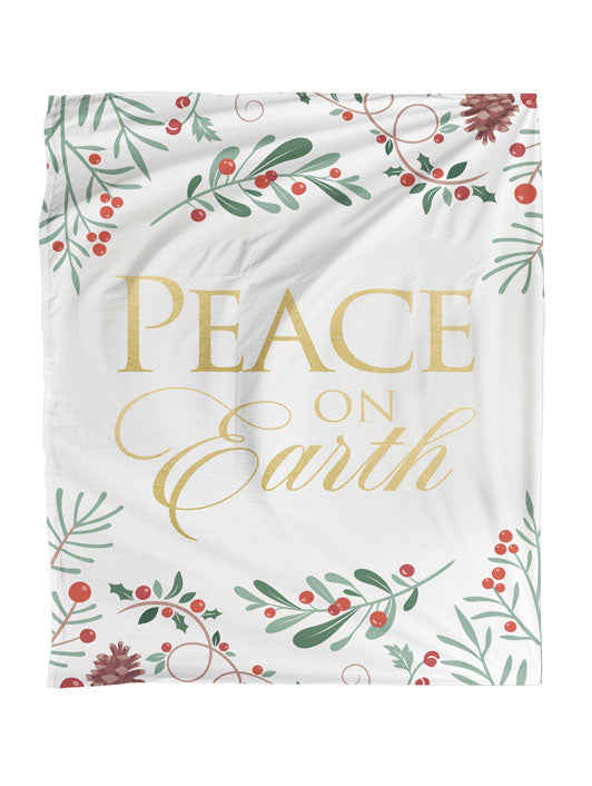 Throw Blanket for Christmas with Peace On Earth on White with border of Holly Branches and Pine Cones.