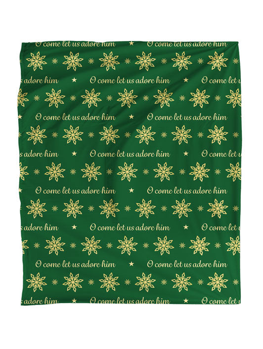 Throw Blanket for Christmas with O Come Let Us Adore Him and Snowflakes in Gold on Green or Red
