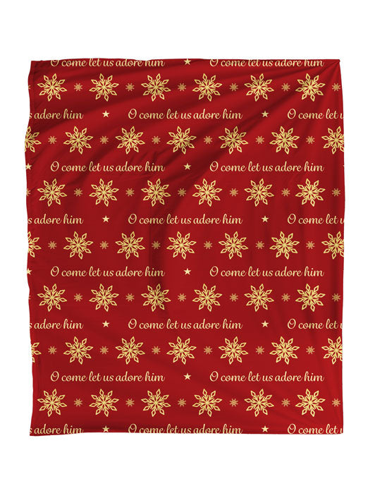 Throw Blanket for Christmas with O Come Let Us Adore Him and Snowflakes in Gold on Red