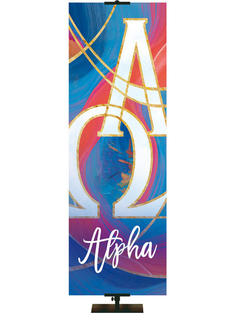 Alpha in white cursive lettering on Church Banner for Year Round with White Alpha and Omega Symbol in a fresco design with hues of blues and reds left side format