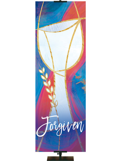 Forgiven and Communion Symbol Church Banner in a fresco design with white on hues of blues and reds left side format