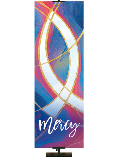 Mercy and Fish Symbol Church Banner Lettering and symbol  in white on a fresco design with hues of blues and reds, right side format