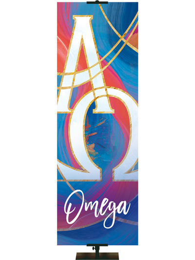 Omega with Alpha and Omega Symbol Church Banner in a fresco design with hues of blues and reds, right side format.