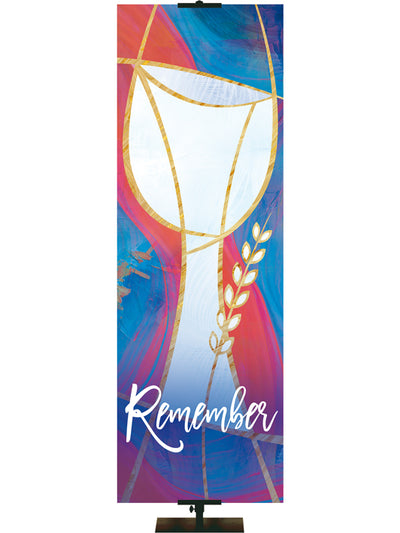Remember and Communion Symbol  Year Round Banner with hues of blues and reds and words and symbols in white right side format