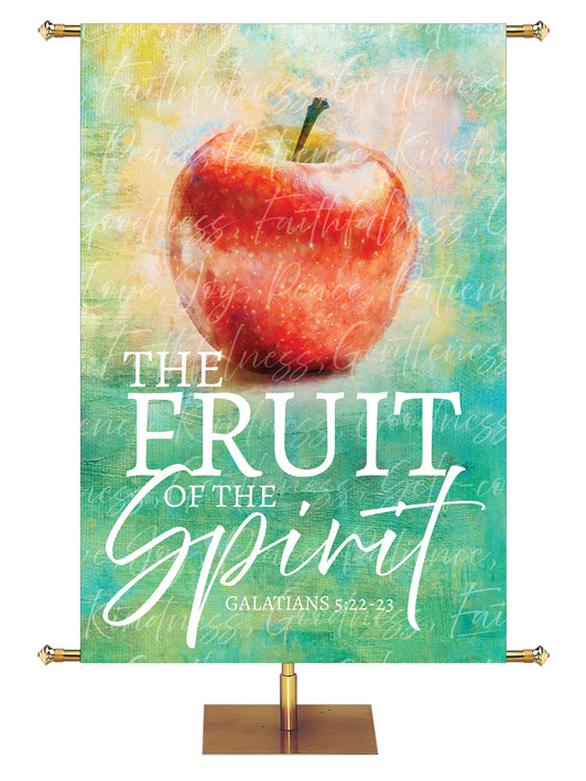 The Fruit of The Spirit Banner for Church with Red painted Apple and Galatians 5:22-23 on pastel spring green background with white letters