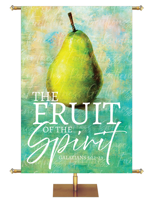 The Fruit of The Spirit Banner for Church with painted green pear and Galatians 5:22-23 on watercolor green background with white letters