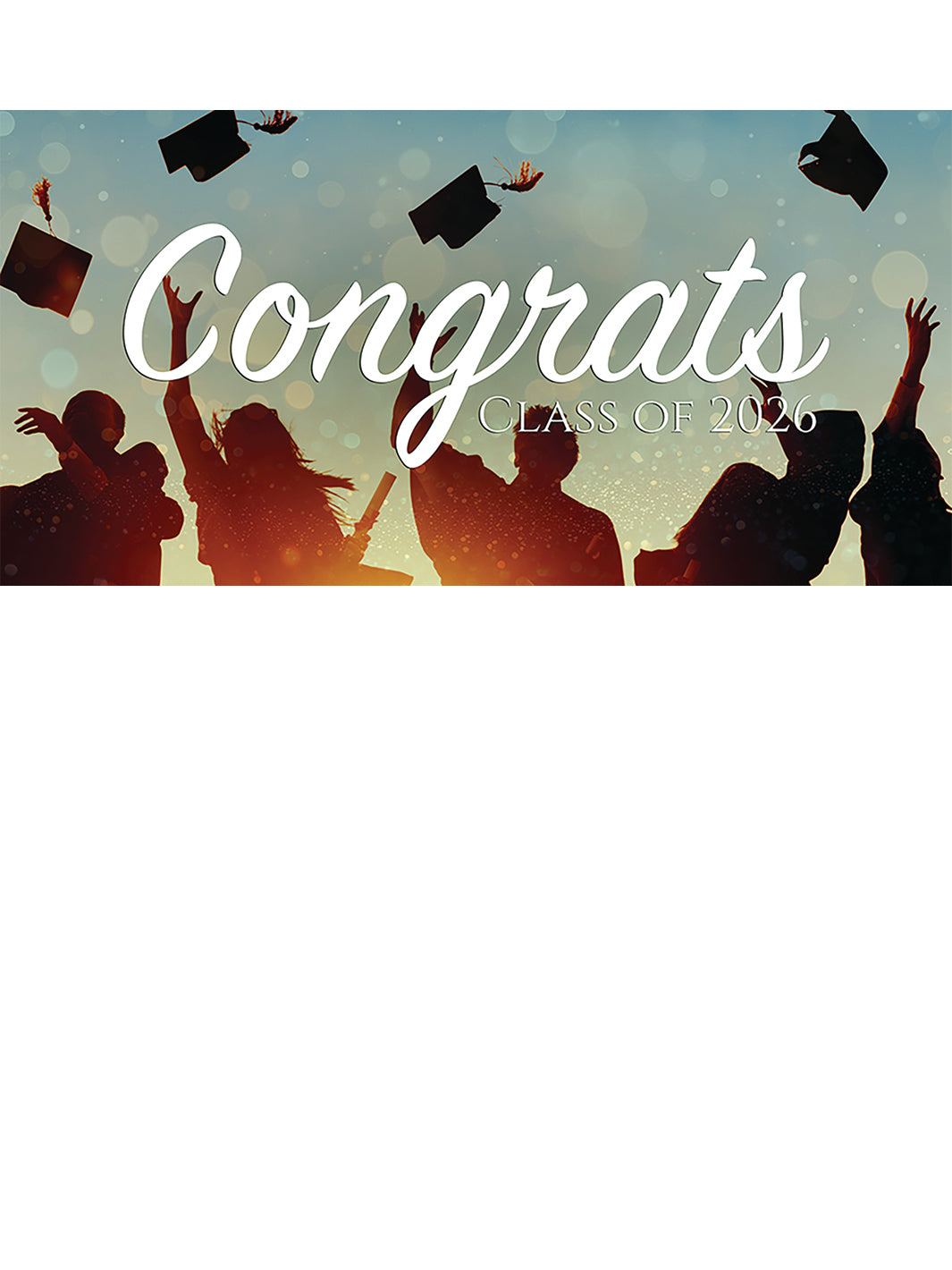 Classmates silhouetted tossing Graduation caps up in the air overhead custom horizontal banner