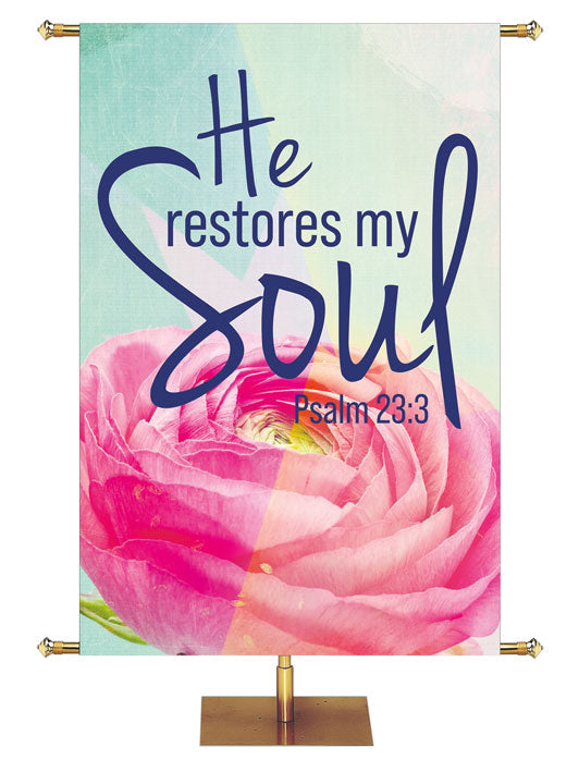  Irregular Impressions of Grace He Restores My Soul Psalm 23:3 (5 ft x 7 ft, Pole Hems)