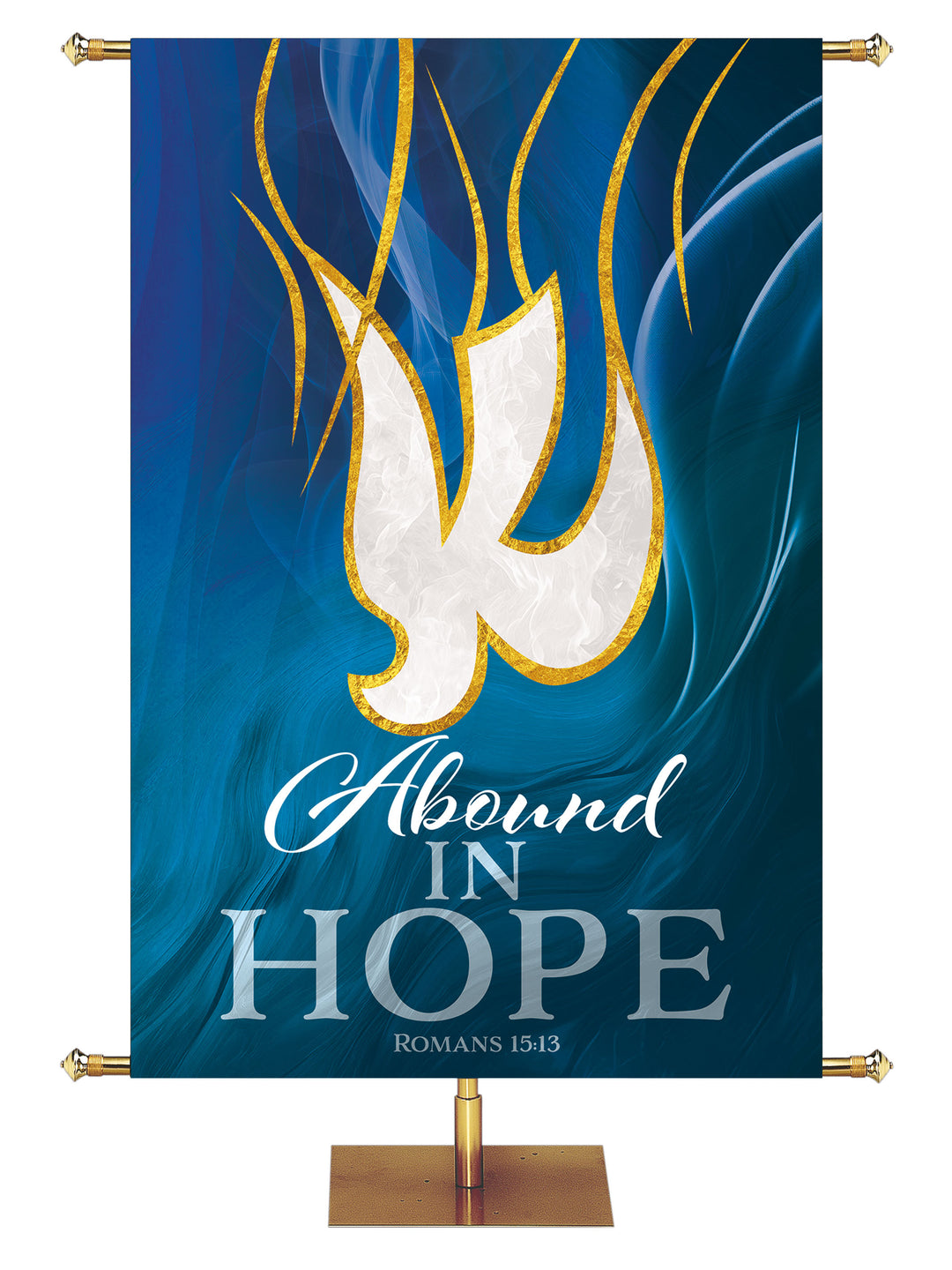 A New Spirit I Will Put Within You Premade Church Banner with White Descending Dove symbol outlined in gold on blue, left facing