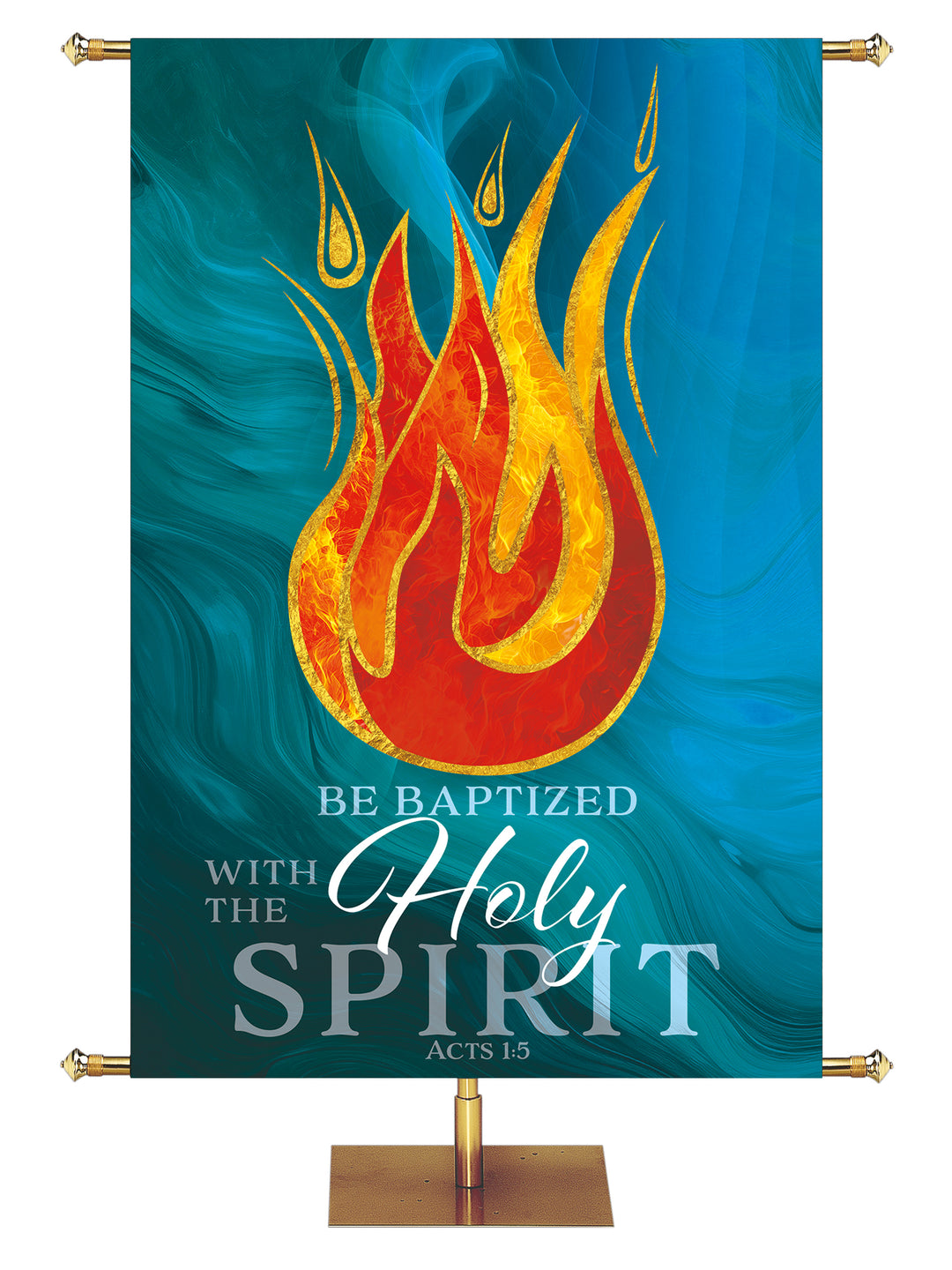 Be Baptized With The Holy Spirit Baptism Church Banner with Flame symbol outlined in gold on blue, left facing