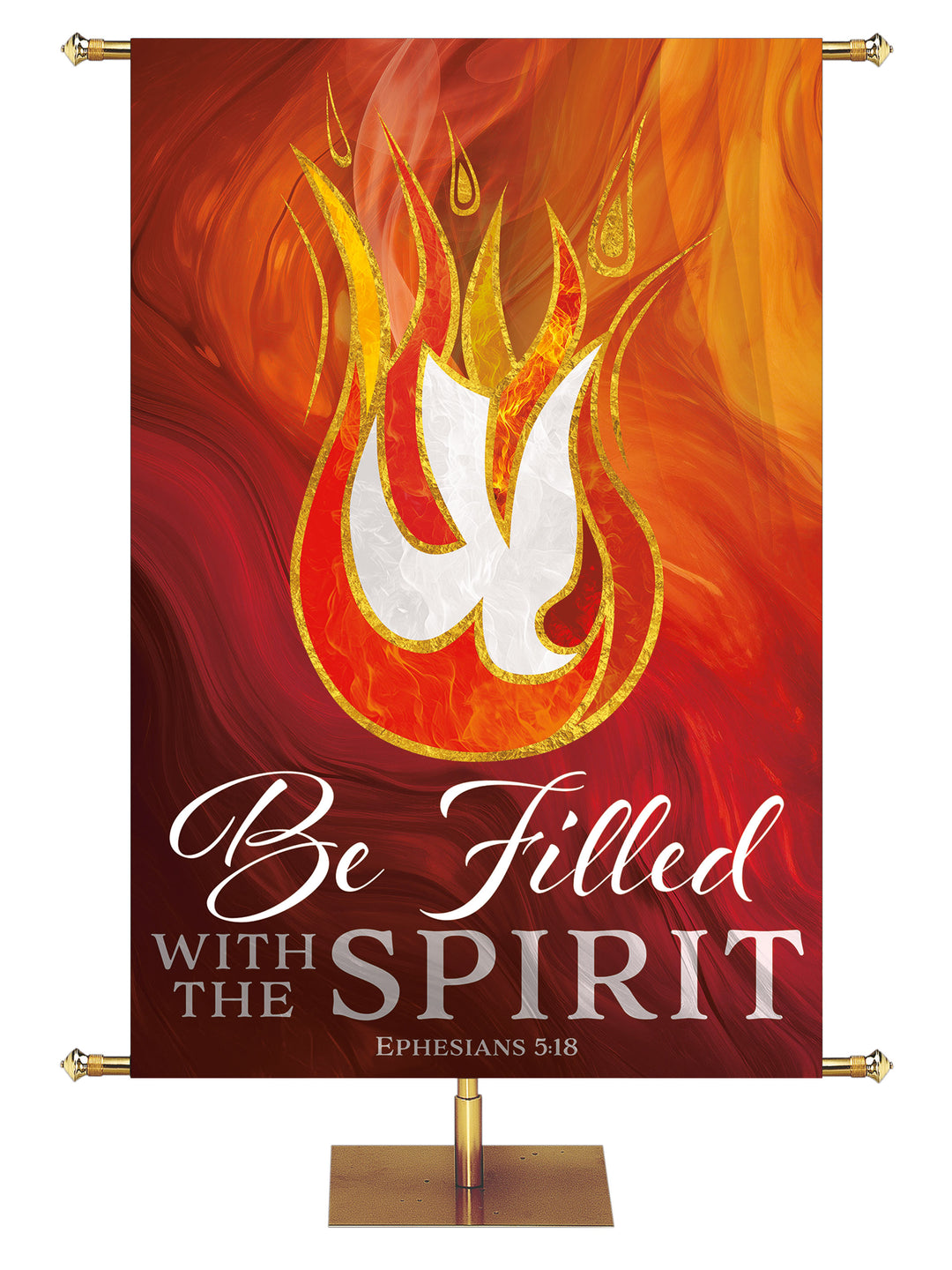 Be Filled With The Spirit Holy Spirit Church Banner with White Descending Dove in flame symbol outlined in gold on red, right facing