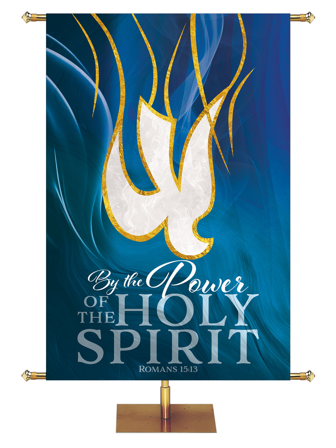 By The Power Of The Holy Spirit Inside Church Banner with White Descending Dove symbol outlined in gold on blue, right facing