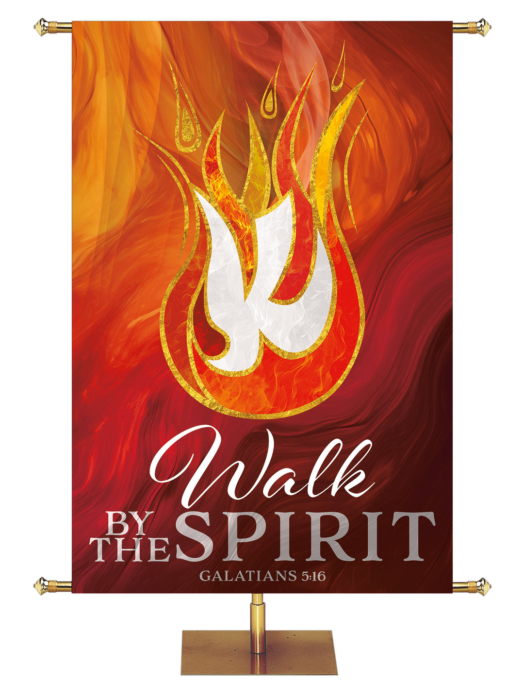 Walk By The Spirit Indoor Banner for Church with White Descending Dove in flame symbol outlined in gold on red, left facing