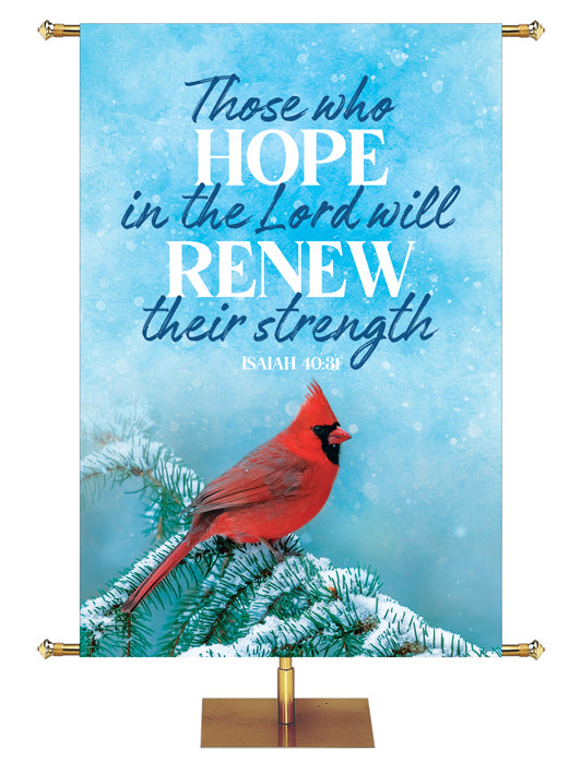 Those w\Who Hope in the Lord will Renew their Strength Isaiah 40:31 Cardinal on snow covered pine branch Joyful Beginnings Church Banner
