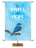 Be Joyful in Hope Romans 12:12 Bluebird perched on a winter branch Joyful Beginnings Church Banner